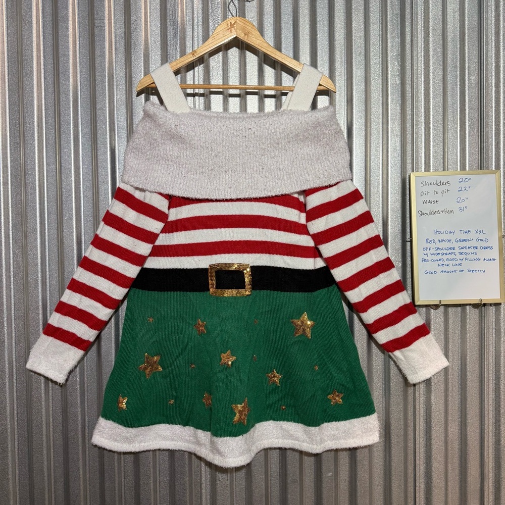 Festive Off-Shoulder Christmas Ugly Sweater Dress XXL red green white gold